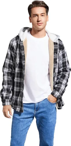 Vista 4 de IVUMA Camisas de algodón a cuadros de manga larga para hombre, chaqueta de franela con forro polar, camisas de franela Sherpa con botones y capucha