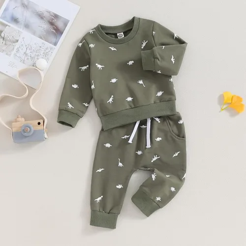 Vista 8 de Thorn Tree Conjunto de ropa de dinosaurio para niños pequeños, sudadera de cuello redondo, suéter de manga larga, pantalones de bolsillo sólido