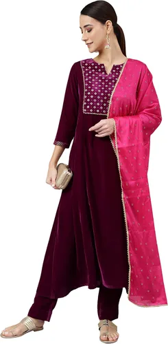 Vista 6 de Janasya Indian - Kurta de terciopelo morado con pantalón y Dupatta para mujer