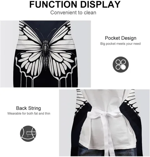 Vista 6 de MUSM A Black And White Butterfly Apron，Classic Vintage Funny with Pockets Aprons,Adjustable Bib Waterdrop Resistant for Kitchen Cooking Restaurant