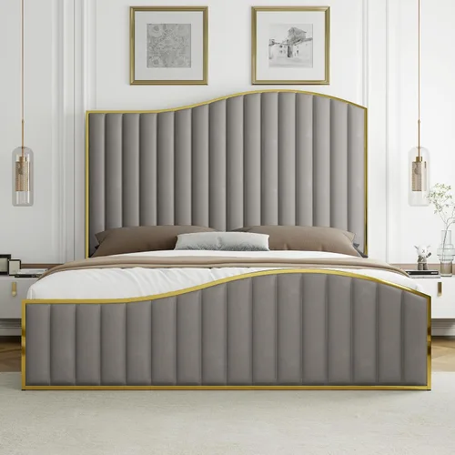 Vista 7 de HOWE Base de cama de arpa tamaño King con cabecera curvada extra alta de 61.4 pulgadas, plataforma tapizada de terciopelo con estribo acentuado