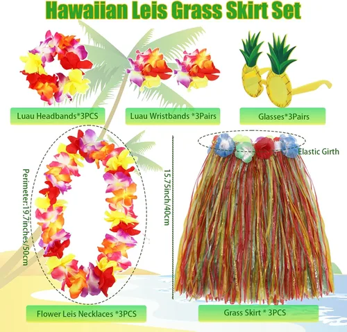 Vista 6 de Falda hawaiana de hierba Leis para fiesta Luau, faldas hawaianas de Luau Hula para decoraciones de fiesta, suministros de recuerdos
