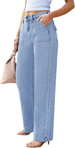 Vista 3 de Jeans cargo para mujer, de cintura alta, pierna ancha, con bolsillo de solapa, Y2K, jeans de carpintero para mujer, pantalones cargo de mezclilla