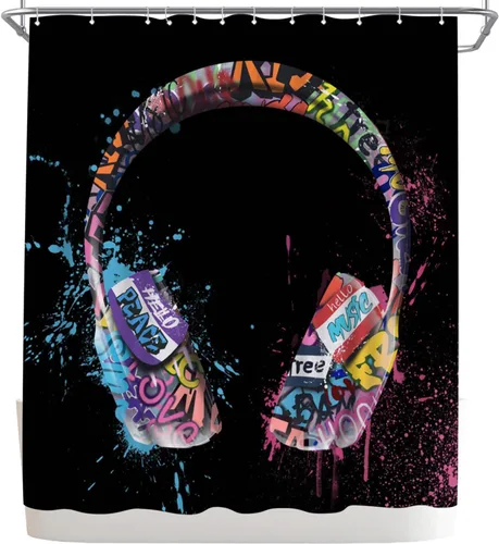 Vista 5 de WELMECO Cortina de ducha con diseño de grafiti, DJ, música, audífonos, 72 x 72 pulgadas, tela de poliéster, decoración de baño