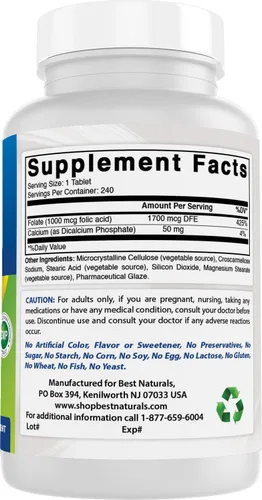 Vista 7 de Best Naturals Ácido fólico 1000 mcg (vitamina B9), 240 tabletas