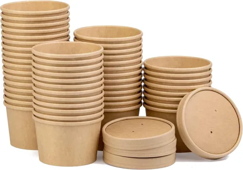 Vista 10 de Paquete de 50 recipientes de sopa con tapas, vasos desechables de 12 onzas con tapas, cuencos de papel para sopa con tapas, recipientes de sopa