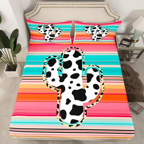 Vista 2 de Manfei Juego de sábanas de cactus tamaño individual, juego de ropa de cama de cactus con estampado de vaca para niños, niñas, adolescentes Tyts4421