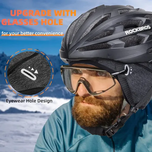 Vista 15 de ROCKBROS Gorras de ciclismo de invierno para hombres y mujeres, sombrero de ciclismo a prueba de viento con visera solar debajo del casco forro negro
