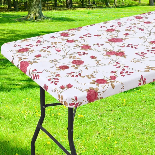 Vista 36 de Smiry Mantel cuadrado para mesa de pícnic, impermeable, elástico, ajustable, para campamento, protector de vinilo con parte trasera de franela Beige