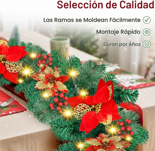 Vista 2 de Guirnalda de Navidad, guirnalda de Navidad con luces, decoración de Navidad, flores artificiales de ratán de 9 pies, decoración de Navidad