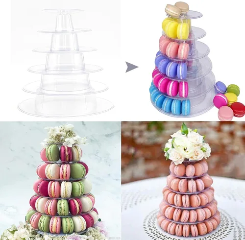 Vista 3 de Torre de macaron de 6 niveles, estante redondo de plástico para macarrones, soporte de postre transparente para tartas, soporte de donas para baby