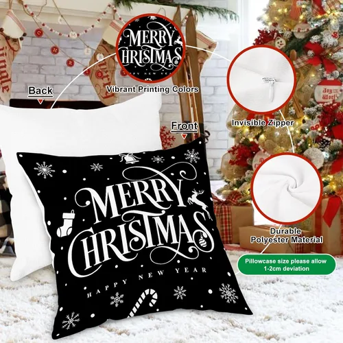 Vista 3 de Lanpn Juego de 4 fundas de almohada de Navidad negras de 12 x 12 pulgadas, fundas de almohada decorativas de invierno, cojín de árbol de Navidad