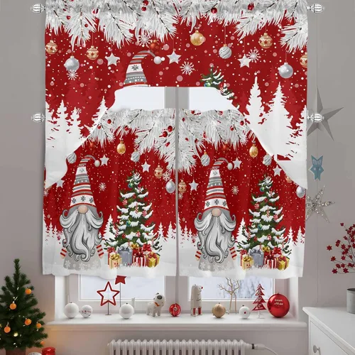 Vista 11 de Juego de cortinas de cocina con cenefa de Navidad de invierno, 3 piezas con bolsillo para barra, cortinas para dormitorio, sala de estar, baño