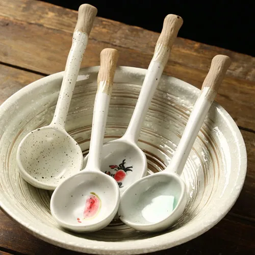 Vista 7 de Operitacx Cuchara de cerámica Cucharas retro Azúcar Japonés Fideos Grandes Fideos Coreanos Sopa Postre Asiático Cuchara Fórmula Cucharas Coreana