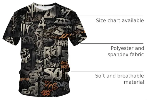 Vista 4 de Camiseta con marcadores de graffiti con letras callejeras para hombre, impresión 3D, camiseta gráfica de graffiti Negro