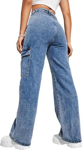 Vista 2 de SweatyRocks Pantalones de jeans tipo cargo, de cintura alta, para mujer, con bolsillo con solapa y pierna ancha