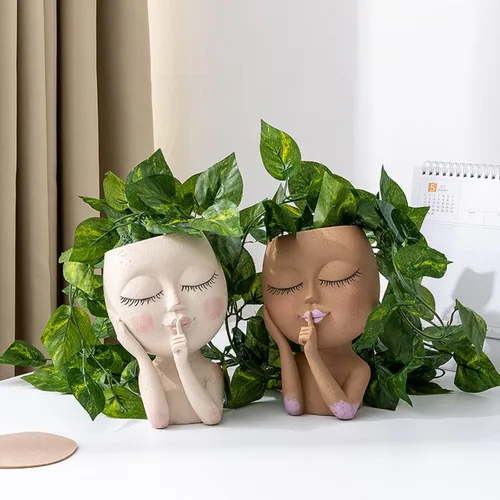Vista 3 de Macetero de cabeza, macetas con agujero de drenaje, macetas únicas con ojos cerrados, macetas de cabeza de resina para plantas