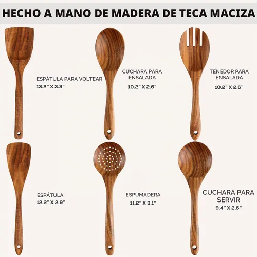 Vista 3 de Zulay Kitchen Juego de 6 cucharas de madera para cocinar, juego de utensilios de madera de teca natural, fácil de limpiar, duradero, suave