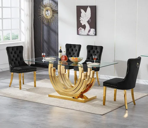 Vista 18 de Juego de mesa de comedor de cristal dorado de 5 piezas, 70 pulgadas, rectangular, moderna, para cocina y comedor, mesa de comedor para 4, mesa