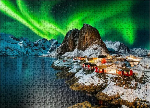 Vista 8 de MyPuzzle Aurora Borealis Over Hamnoy in Norway - Rompecabezas prémium de 1000 piezas para adultos