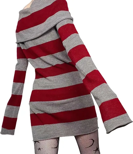 Vista 3 de Minivestido de punto de manga larga con hombros descubiertos para mujer, diseño de cuello barco Y2K, vestido de suéter corto, vestido de fiesta