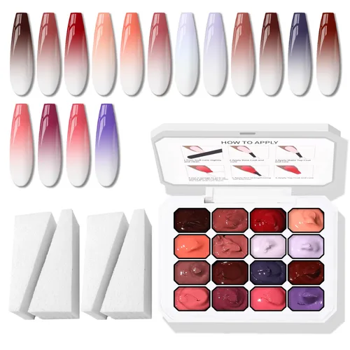 Vista 14 de Esponjas Pat Paleta de Esmalte de Uñas en Gel, 16 Colores Mezclado Degradado Ombré Esmalte en Gel Dando Toques Pintura Degradada Arte de Uñas, Sin