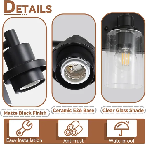 Vista 5 de LOUSACE Lámpara de tocador de baño de 3 luces, lámparas de baño negro mate sobre el espejo, iluminación moderna de baño con pantalla de vidrio