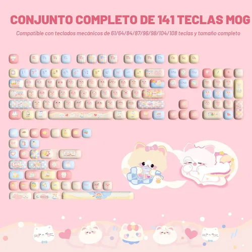 Vista 2 de YUNZII Lindas teclas personalizadas de gatito rosa, 141 teclas de tinte Sub PBT MOG Perfil juego de teclas para teclados mecánicos
