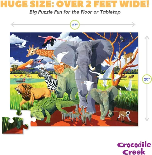 Vista 3 de Crocodile Creek - Rompecabezas de suelo con caja de alta resistencia para almacenamiento, Safari salvaje, Multicolor