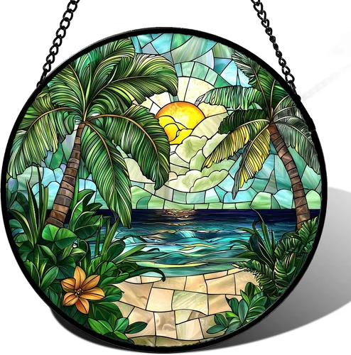 Vista 19 de DASTOLL Conjunto de 4 Piezas de Vidriera Manchada para Colgar en Ventanas Azul Océano con Árbol de Coco 16 cm - Atrapasoles para Puerta, Jardín