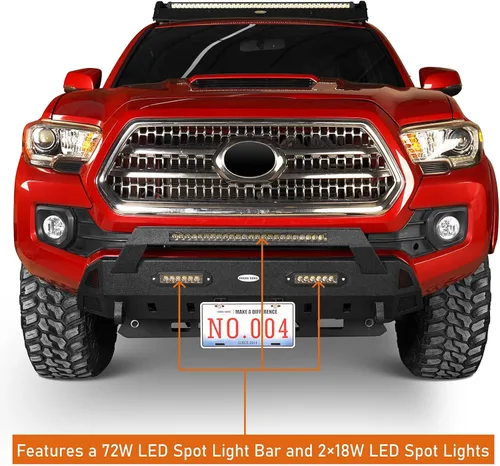 Vista 3 de Parachoques delantero Tacoma Stubby con barra de luz LED de 72 W y soporte de placa de matrícula de acero con textura compatible con camioneta