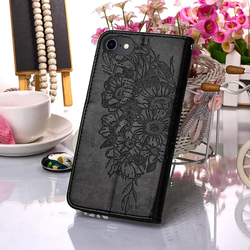 Vista 8 de Funda tipo cartera para iPhone 6/6S/7/8/SE 2022/SE 2020 (negro) Butterfly Floral Embossed Pattern, Wrist Strap, PU Leather, Card Holder Slots