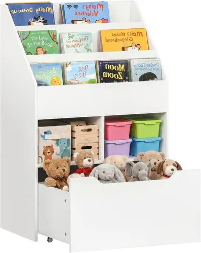 Vista 10 de HOMCOM Estantería infantil con cajón de almacenamiento para libros, sala de juegos, color marrón
