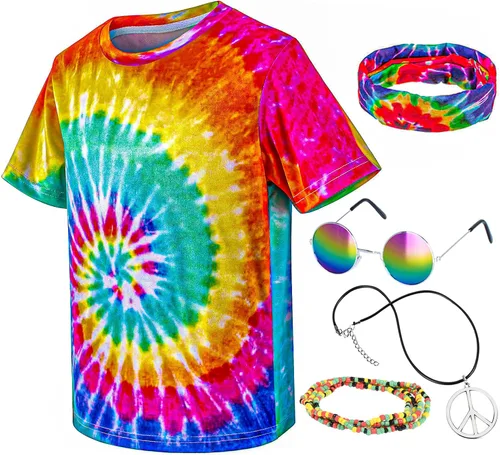 Vista 4 de Disfraz hippie para hombre Momen 60s 70s playera colorida 5 piezas accesorios para fiesta temática