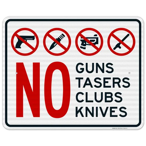 Vista 13 de Letrero de No Guns No Tasers No Clubs No Knives de 10 x 7 pulgadas, libre de óxido, aluminio 040, resistente a la decoloración, fabricado en Estados
