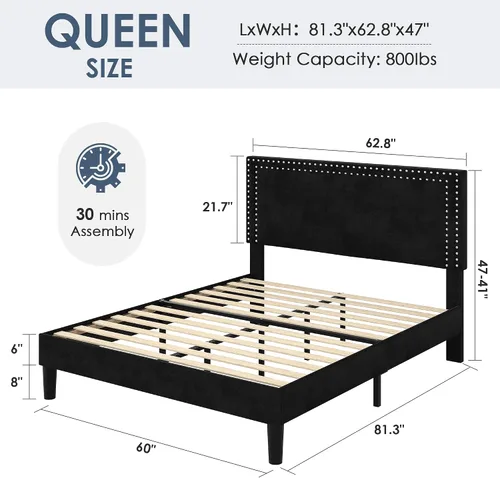 Vista 141 de VECELO Base de cama de plataforma de tamaño individual con cabecera tapizada de altura ajustable, base de colchón moderna, soporte de listones