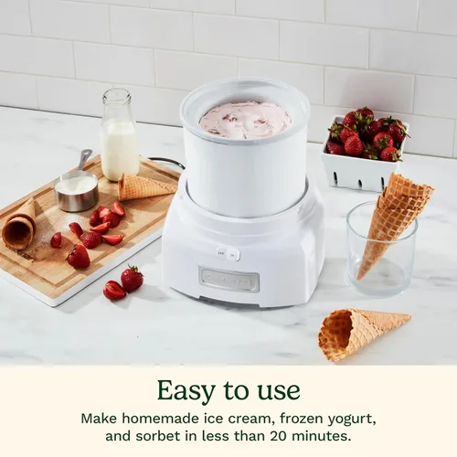Vista 3 de Máquina para hacer helado Cuisinart, máquina de 1.5 cuartos con doble aislamiento, para sorbete y yogur helado, lista en 20 minutos, ICE-21P1, blanca