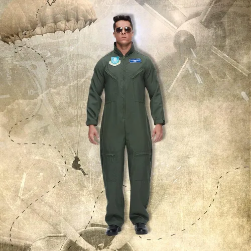 Vista 2 de Megartico Disfraz de piloto de vuelo para adultos, overol de traje verde militar, bolsillos de parche bordados, tela de una pieza