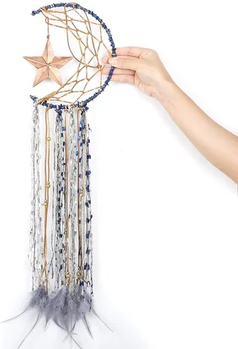 Vista 4 de Dremisland Atrapasueños Azul Hecho a Mano Diseño de Media Luna Atrapasueños de Pluma Colgante con Estrella Decoración del Hogar Ornamento Regalo