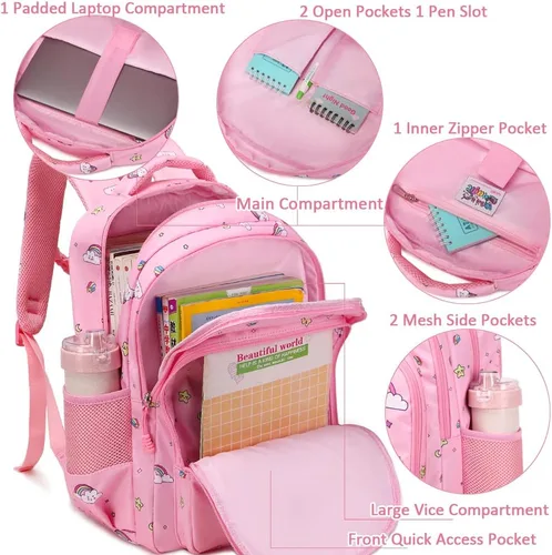 Vista 11 de Juego de mochila para niñas y adolescentes, mochila escolar para niños con bolsa para el almuerzo, estuche para lápices, mochilas escolares