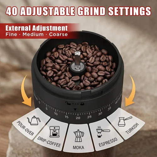 Vista 3 de Molinillo de café eléctrico, molinillo de granos de café portátil con rebabas cónicas de cerámica, molinillo de espresso recargable USB-C con grosor