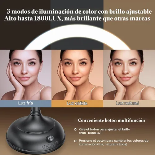 Vista 4 de VESAUR Espejo de Maquillaje Profesional Iluminado de 8.5", 1X/10X de Doble Cara HD Sin Distorsión, Espejo de Aumento con Luces LED Regulables en 3