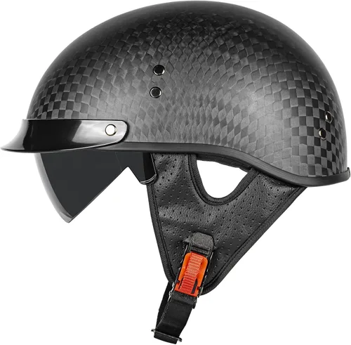 Vista 9 de Medio casco de motocicleta de fibra de carbono para adultos, hombres y mujeres, cascos retro de cara abierta aprobados por DOT con visera, diseño