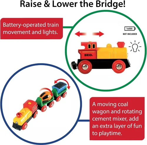 Vista 3 de BRIO World - Tren de acción con pilas, motorizado para pistas de madera, juego eléctrico para niños, incluye carro de carbón móvil y mezclador