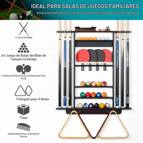 Vista 2 de XCSOURCE Soporte para Tacos de Piscina - Soporte 2-EN-1 para Tacos de Billar y Palas de Ping Pong, Montaje en Pared de Madera de Pino Macizo