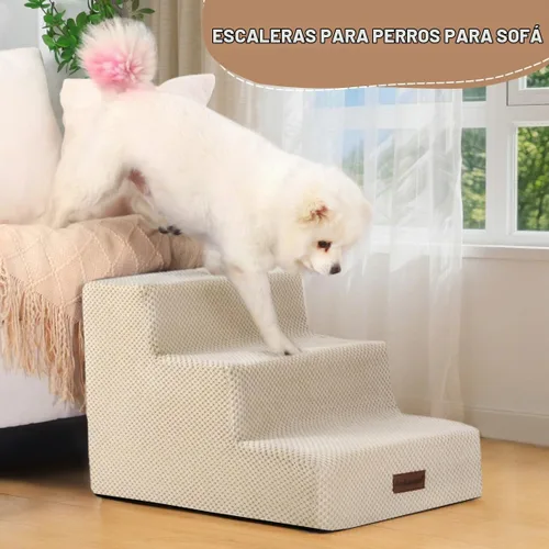 Vista 6 de Aodisman - Escaleras para perros y gatos pequeños, escalones de 3 escalones para mascotas para sofá y cama Beige