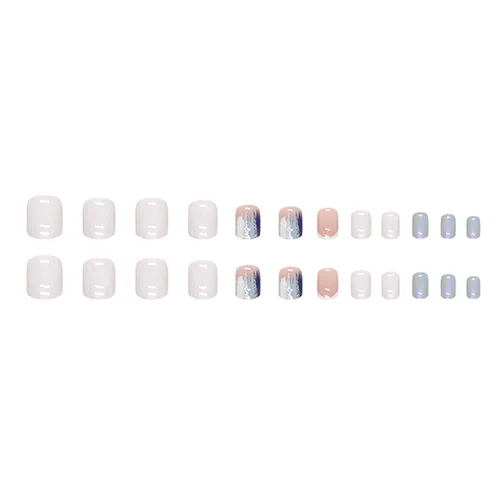 Vista 4 de Uñas postizas a presión extra cortas cuadradas SWEKKE verano blanco punta francesa uñas postizas de cobertura completa flash azul pegamento uñas S2