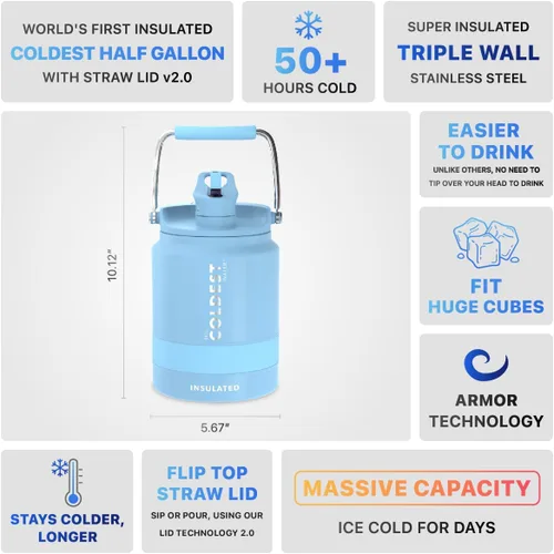 Vista 3 de The Coldest Water Bottle - Botella de un galón de agua con tapa superior abatible, con popote, botella de agua de 128 oz (1 galón)