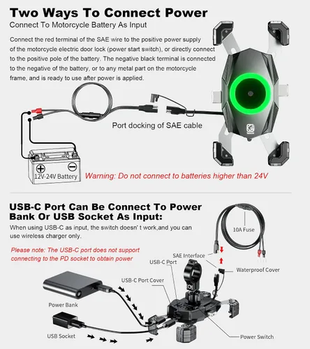 Vista 2 de Kewig Soporte de teléfono para motocicleta Qi 15W inalámbrico y USB C 20W