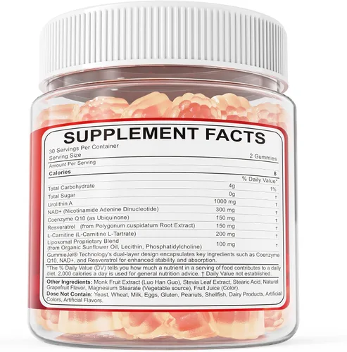 Vista 9 de Gomitas de urolitina A para longevidad y energía muscular, suplemento liposomal de urolitina A+ de 1000 mg con NAD+, CoQ10, resveratrol